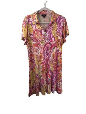 MSK Womens XL Paisley Print Short Sleeve Zip-Up Dress Pink/Yellow
